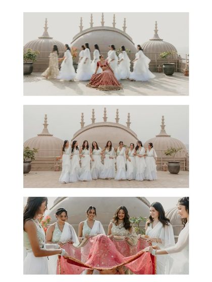 A collage of the bride and her bridesmaids in matching white outfits. These shots capture their fun and elegant group dynamic against the stunning backdrop of a Jaipur palace.