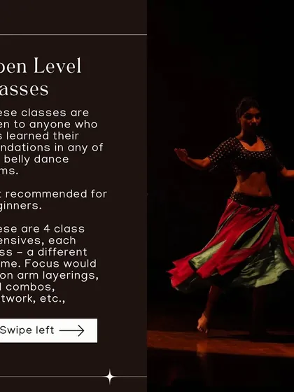 Our open level classes are for those with foundational experience in any belly dance form. These are intensive sessions focusing on layering, drills, and combos.