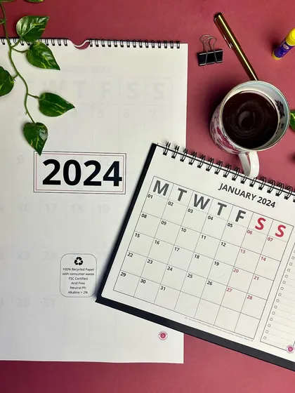Our 2024 roadmap is here. The 'Bold Collection' includes a wall calendar and a desk calendar, both printed on 100% recycled paper with a clean, modern aesthetic.