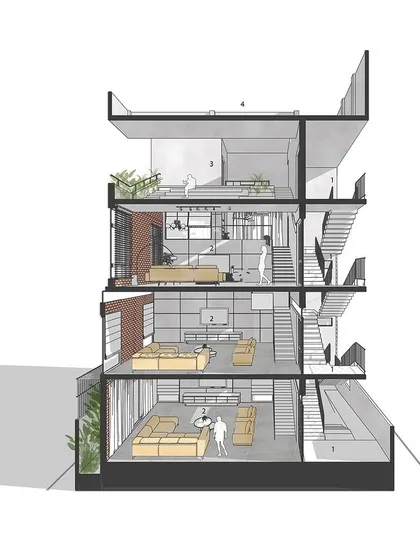 This cross-section of the 'Triode' project shows how the mezzanine levels create dynamic, interconnected living spaces within each duplex. It illustrates our solution for creating both openness and intimacy in a multi-family building.