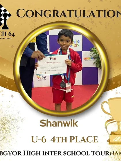 A fantastic achievement for one of our youngest players, Shanwik, who secured 4th place in the U-6 category at the Vibgyor High Inter School Tournament.