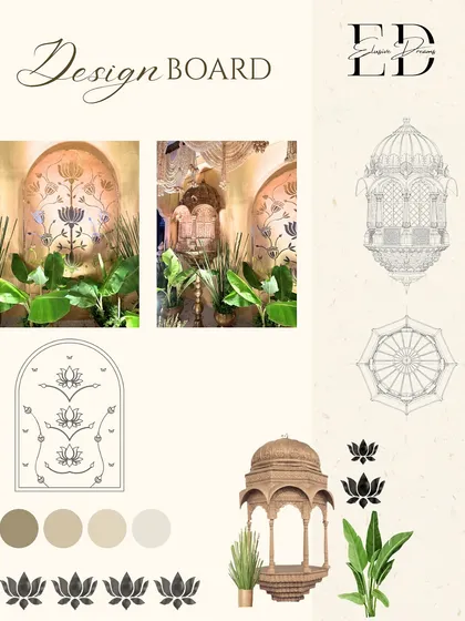 A design board for the 'Whispering Willows' theme, featuring inspiration images, color palettes, and sketches of key elements like the jharokhas and lotus motifs. This is the blueprint for a royal and elegant event.
