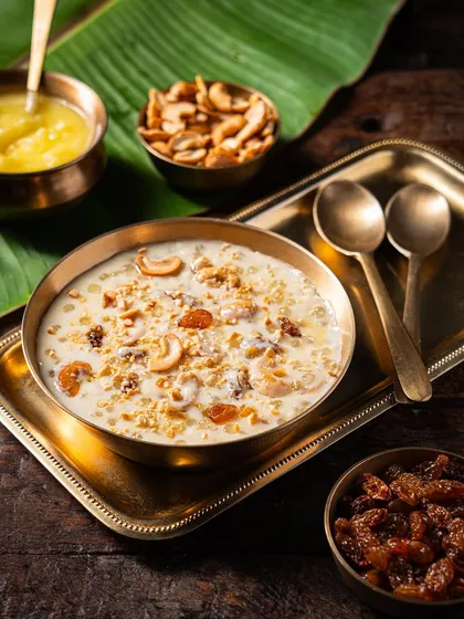 A festive spread for Cloudchef, featuring their kheer. We used brass utensils and a banana leaf to create an authentic, celebratory feel for this traditional Indian dessert.