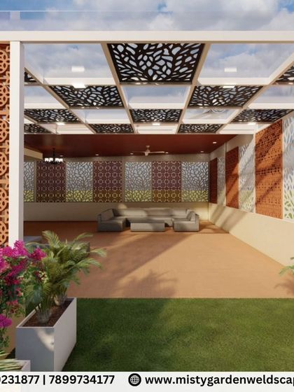 A beautiful 3D render of a terrace lounge, showcasing a glass and CNC panel pergola. This design phase is crucial for planning the layout, lighting, and flow of the space to create a luxurious and comfortable outdoor living area.