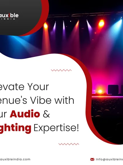 Elevate your venue's vibe with our audio and lighting expertise. This image showcases a professional stage lighting setup, using a mix of colors to create a dynamic and visually stunning environment.