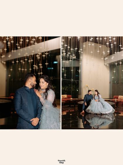A diptych of the couple's portraits in a modern, elegantly lit lobby, showcasing their stylish engagement outfits and the beautiful reflections on the floor.