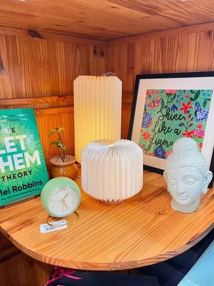 Another cozy nook created with my Enoki and Oyster paper-crafted lamps. They bring a soft glow to any space, alongside books and other treasures.