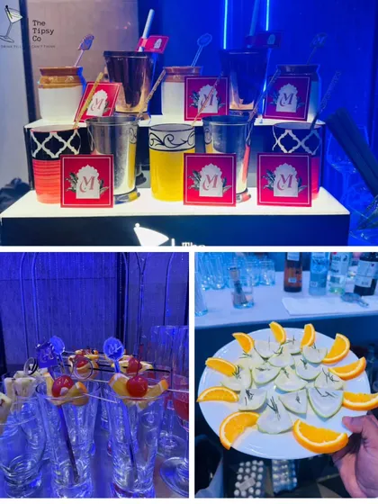 A collage of our bar setup, featuring custom branding on glassware, artistic fruit garnishes, and unique displays for shots and cocktails, all under thematic lighting.