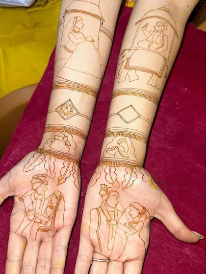 The complete outline for a story-based bridal mehandi. This is the blueprint where we plan out all the different scenes, from the couple portraits to the doli and baarat.