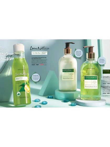 A shot featuring 'Love Nature' shampoo and 'Essense & Co' hand and body lotions. The cool, blue-green color palette and clean styling convey a sense of freshness and caring formulation.