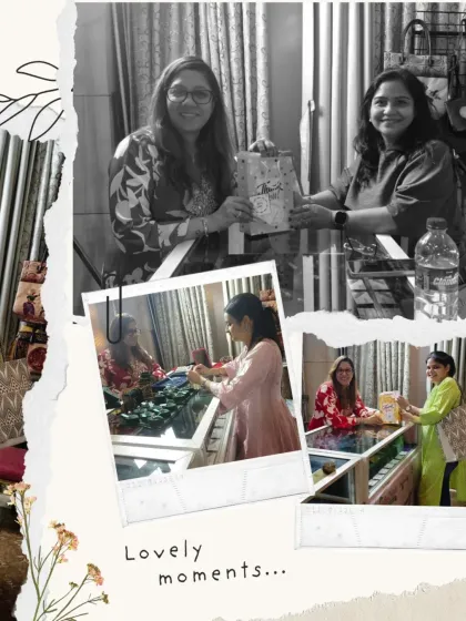 This collage captures more lovely moments from our exhibition. It shows me interacting with clients, helping them try on pieces, and sharing the joy of finding the perfect jewel. These personal connections are what make my work so fulfilling.