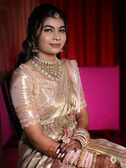 A portrait of the bride, her makeup soft and glowing.