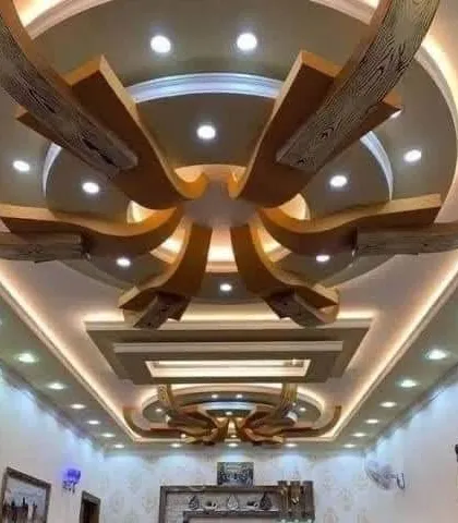 An incredibly complex design with wooden-finish elements that appear to be woven or layered. This is a statement piece for a luxury home.