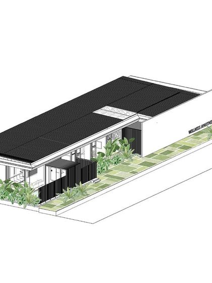 An isometric view of the mock-up unit provides a 3D understanding of its form, including the roof structure and the integration of small courtyards and green spaces along its length.