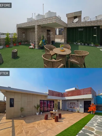 A simple, furnished terrace gets a complete architectural makeover. We designed a new structure with a modern aesthetic, creating a seamless indoor-outdoor flow and a more cohesive and luxurious feel.