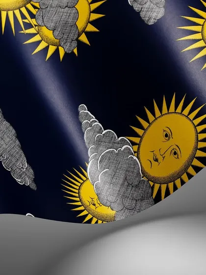 The original colorway of Fornasetti's Soli e Nuvole, with bright yellow suns against a deep blue sky. This playful and iconic design brings a sense of joy and artistic flair to any interior.