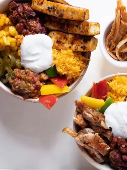 Double trouble. Two of my delicious burrito bowls, one with chicken and one with paneer, ready to satisfy any craving.