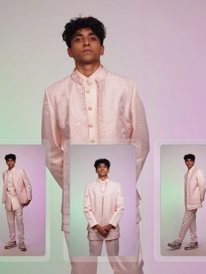 A collage of our pastel pink Indo-Western set, showing it from all angles so you can appreciate its unique design.