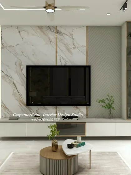 A sleek, modern TV unit with a marble back panel and a glass-doored display cabinet. The design is clean, sophisticated, and provides ample storage.