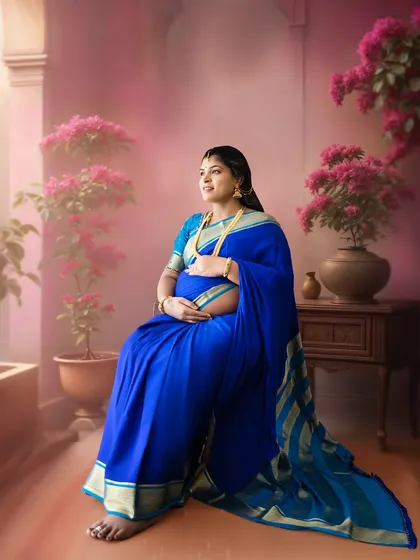 A dreamy solo portrait of a mom-to-be in a blue saree, surrounded by soft pink light and bougainvillea, creating a romantic and gentle mood.
