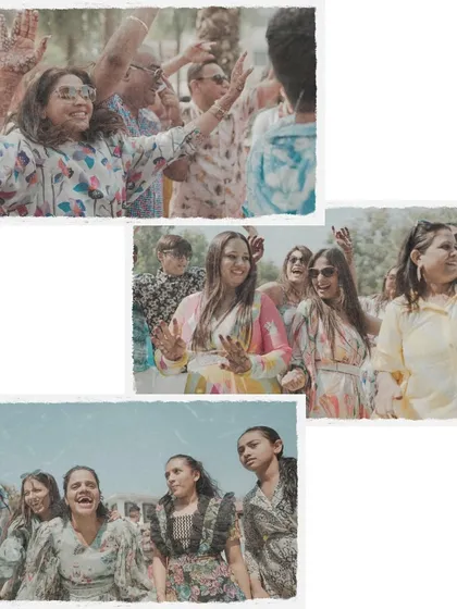 A collage of guests dancing and enjoying the vibrant atmosphere of the Haldi party. We make sure everyone has a great time.