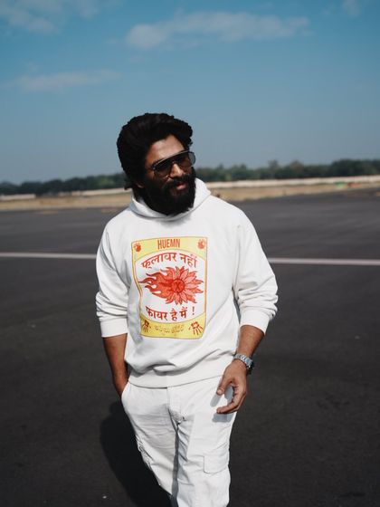 For the 'Pushpa 2' promotions, I collaborated with Huemn to create this custom 'Flower Nahi, Fire Hai' hoodie for Allu Arjun. It’s a look that’s both a fashion statement and a nod to his iconic dialogue.