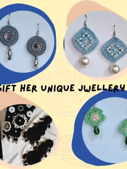 A collage showcasing the variety in our jewellery collection. From mirror-work and pearl-studded earrings to intricate black-beaded designs, there's a style for everyone.