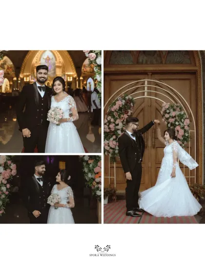 A collage of the couple outside the church, sharing a dance and a quiet moment. The floral arch adds a touch of romance to the scene, a decor element I love to design.