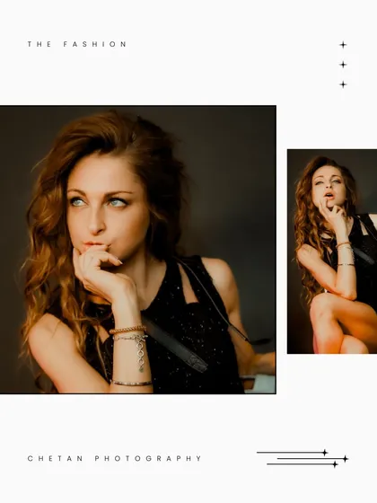 A thoughtful pose is highlighted in this graphic layout. This format is great for lookbooks or online features, combining strong imagery with clean design.