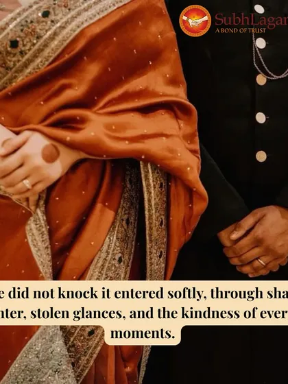 A couple stands close, the bride's hand gently on the groom's arm. Love often enters softly, through shared moments and quiet kindness, which we help foster.