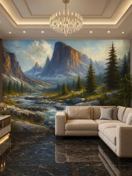 This living room features a dramatic mountain landscape with a flowing river. The high-gloss black marble floor reflects the scene, enhancing the immersive effect.