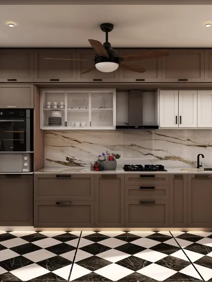 The main kitchen area features taupe cabinets, a marble backsplash, and a checkered floor, creating a modern yet classic look.
