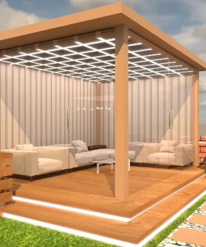 A close-up of one of the proposed pergolas, featuring glass walls and modern interior furniture.