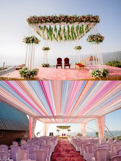A breathtaking view of the wedding mandap set against the hills of Satara, alongside the colorful tent setup for the guests.