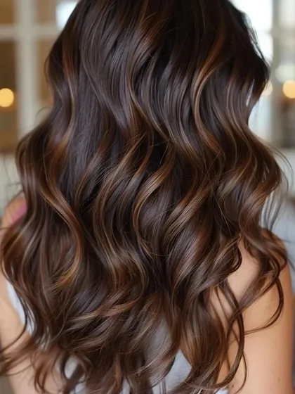 A perfect example of a coffee brown balayage that I specialize in for Indian skin tones. Notice how the hand-painted highlights create a seamless, sun-kissed dimension, while the soft waves show off the rich, glossy color.