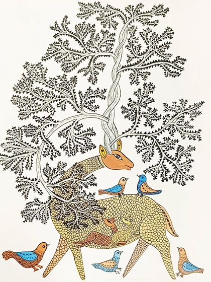 A whimsical Gond painting of a deer whose antlers transform into a tree. We teach the storytelling and symbolism behind this unique tribal art.