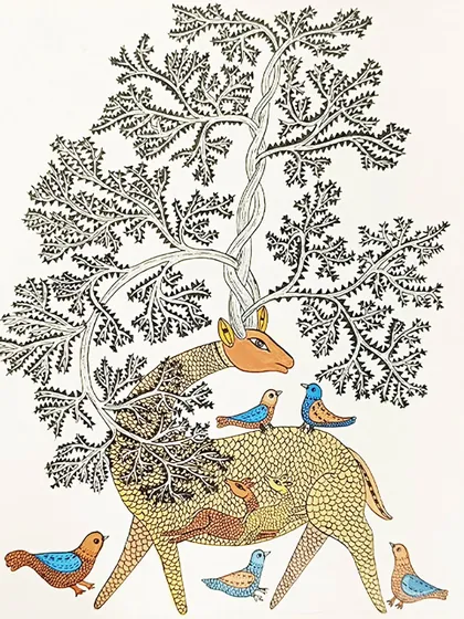 This Gond artwork by Lakshit Mukhiya tells a story of nature's harmony. A deer, whose antlers transform into a tree, is surrounded by birds, all rendered with the distinctive dots and dashes of Gond painting.