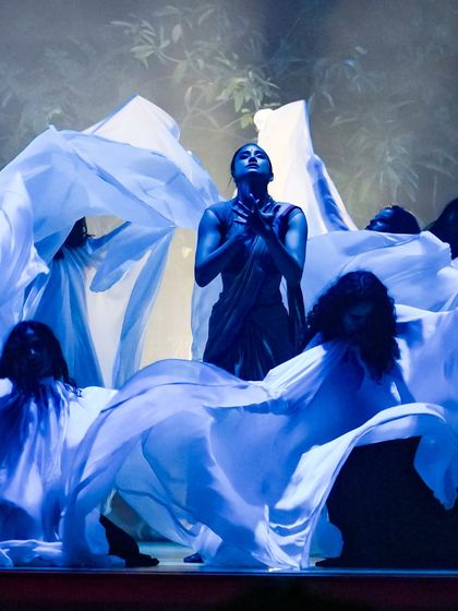The use of flowing fabric in 'Sitayana' to create an ethereal and dramatic effect. I pay close attention to costume and prop design to build a complete visual world on stage.