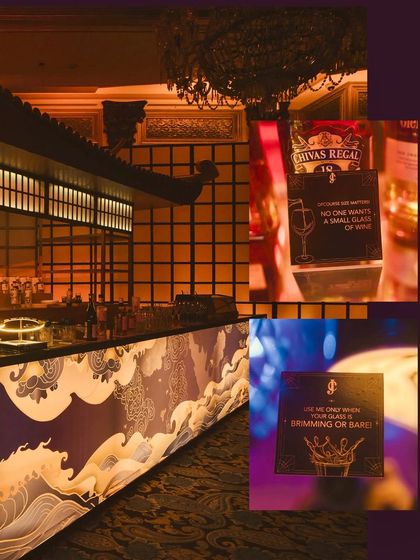 A collage showing the custom bar signage and the overall ambiance of the Japanese-themed birthday party, where every detail was crafted to celebrate a life well-lived.
