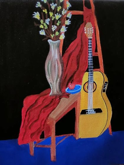 This is a creative exercise where students created different artworks based on a single object: a guitar. This piece sets the guitar in a classic still life composition.