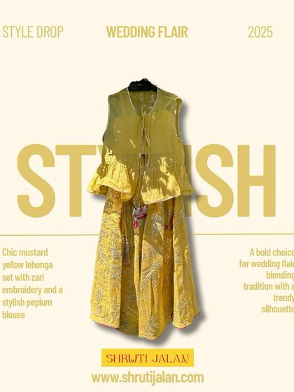 This stylish mustard yellow lehenga set features zari embroidery and a chic peplum blouse. It's a bold and fashionable choice for a wedding, blending tradition with a trendy silhouette.