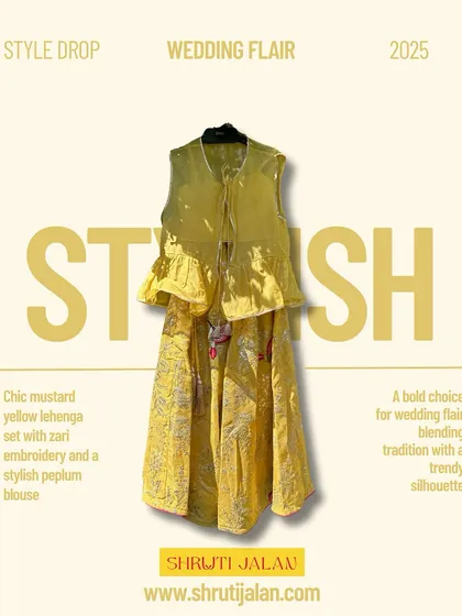 A style card for my stylish mustard yellow lehenga set with a peplum blouse. A bold choice for a little fashionista.