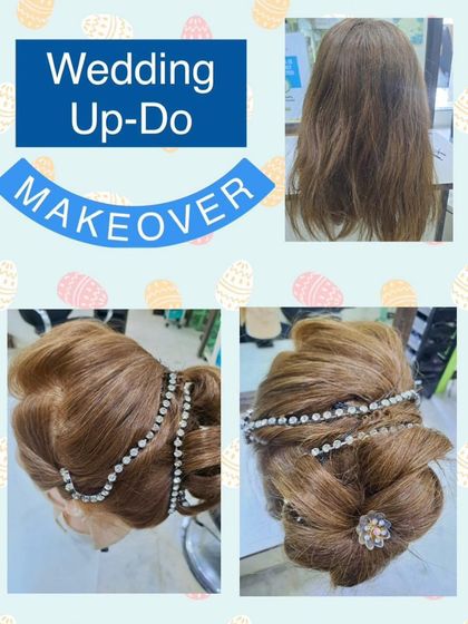 A beautiful wedding updo on a mannequin, featuring intricate twists and sparkling accessories. This is a perfect example of a glamorous bridal hairstyle.