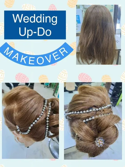 A beautiful wedding updo on a mannequin, featuring intricate twists and sparkling accessories. This is a perfect example of a glamorous bridal hairstyle.
