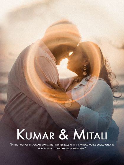 An artistic pre-wedding portrait using a light flare effect to create a magical halo around the couple as they embrace on the beach.
