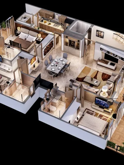 A detailed 3D floor plan of a multi-bedroom apartment. This top-down cutaway view clearly illustrates the spatial layout, furniture placement, and flow between rooms, providing a much more intuitive understanding of the space than a traditional 2D blueprint.