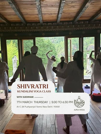 An invitation to our Shivratri Kundalini Yoga class in Delhi. The image shows a beautiful, expansive dance-like movement, capturing the spirit of celebration.