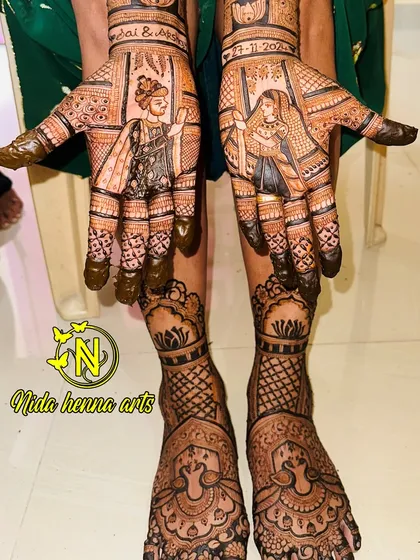 A full bridal look combining bride and groom portraits on the hands with intricate patterns on the feet. The wedding date is also included as a personal touch.