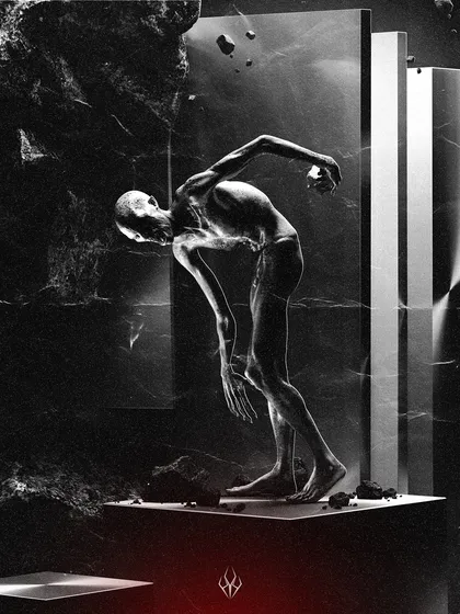 A black and white version of the 'VOID' artwork. Removing the color puts all the focus on the form, texture, and dramatic lighting of the piece.