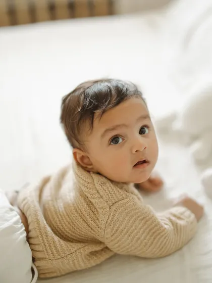 A close-up of my son's curious face during his 5-month at-home session. I love getting these expressive shots that show so much personality.